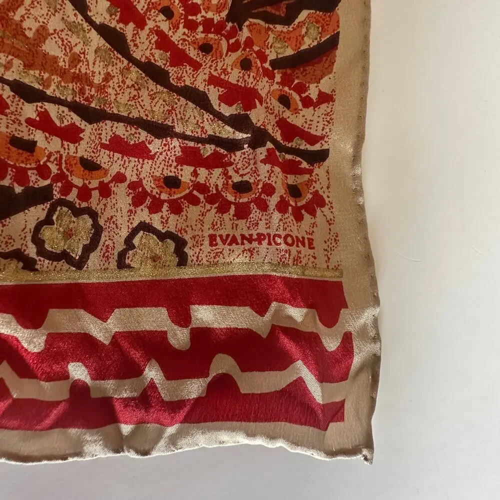 Evan Picone Vintage Paisley Silk Scarf Cream Red Orange Rectangle Lightweight